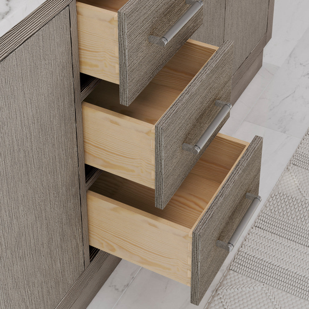 Hugo 72 Double Sink White Marble Countertop Vanity, Gray Oak With Hook Faucets