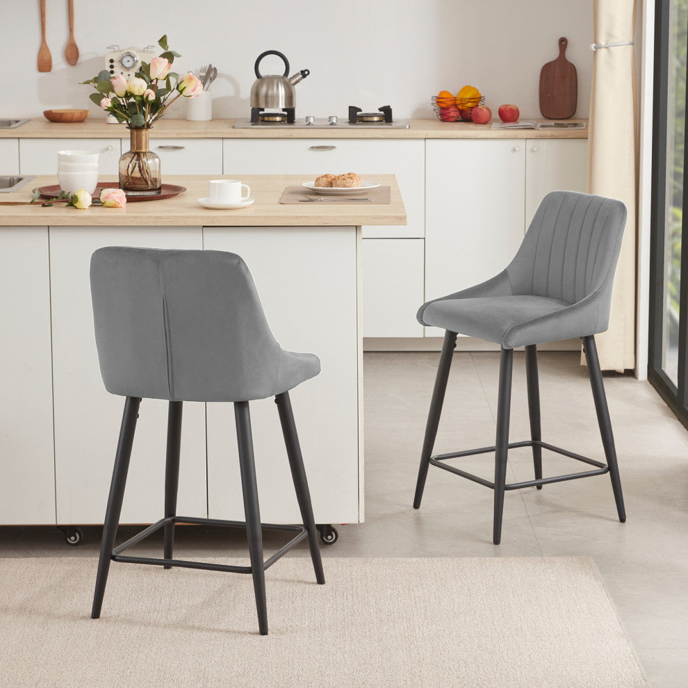 Set of 2 Vertical Channel Tufted Velvet Bar Stools, Grey, 24 Inch