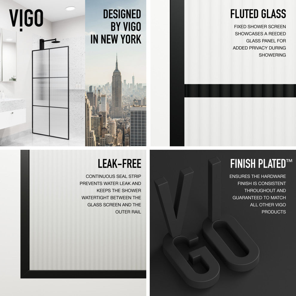 VIGO Ventana 34" W x 74"H Framed Fixed Shower Screen, Matte Black, Fluted Glass