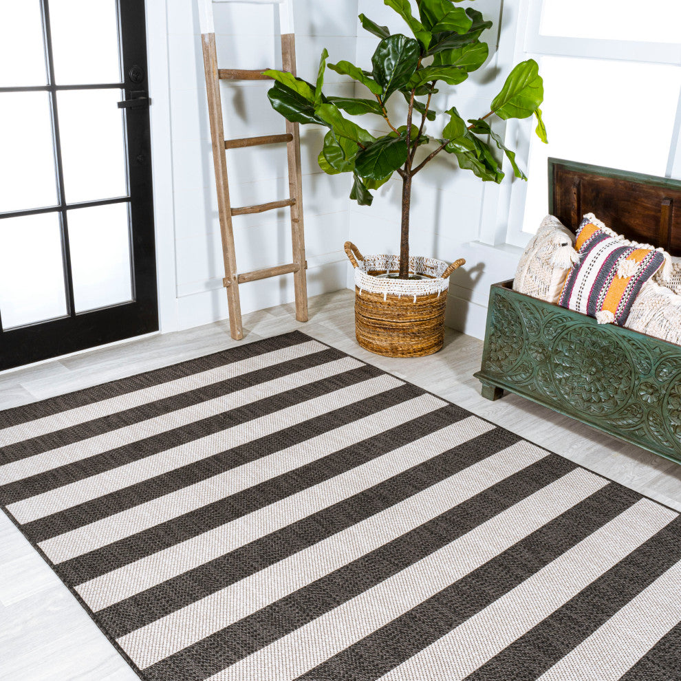Negril Two-Tone Wide Stripe Indoor/Outdoor Area Rug, Black/Cream, 8x10