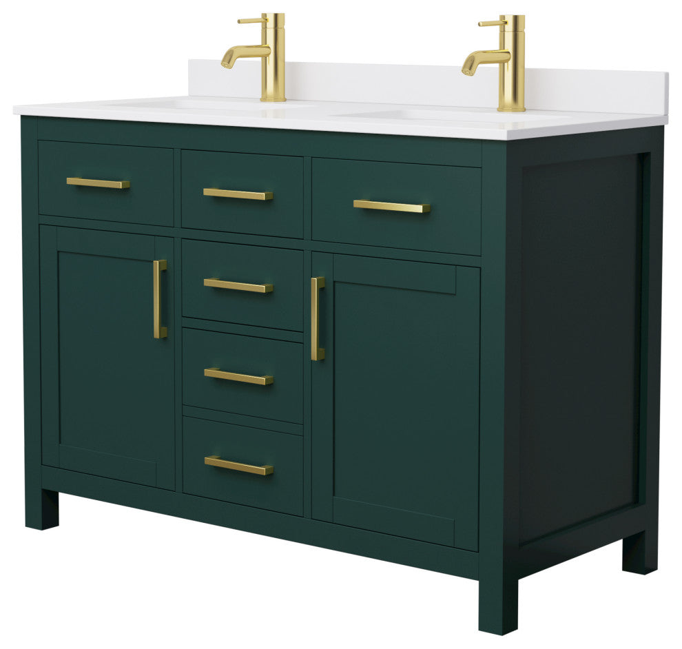 48"DBL Bathroom Vanity, Green, White Cult. Marble Countertop, Sinks, Gold Trim