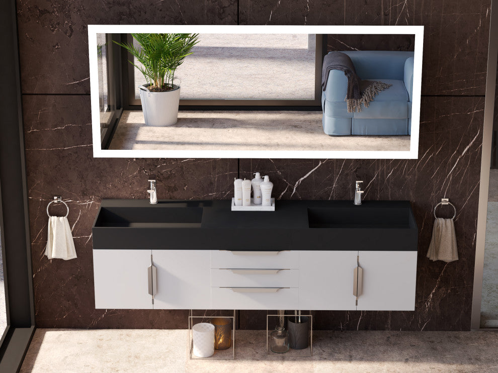 CastelloUSA Amazon 72" Wall Mounted Vanity Set, White, Black Top, Chrome Handles