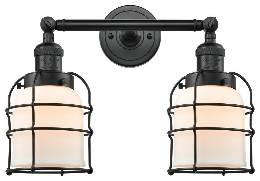 2-Light Small Bell Cage 18" Bath Fixture, Matte Black, Glass: Matte White Cased