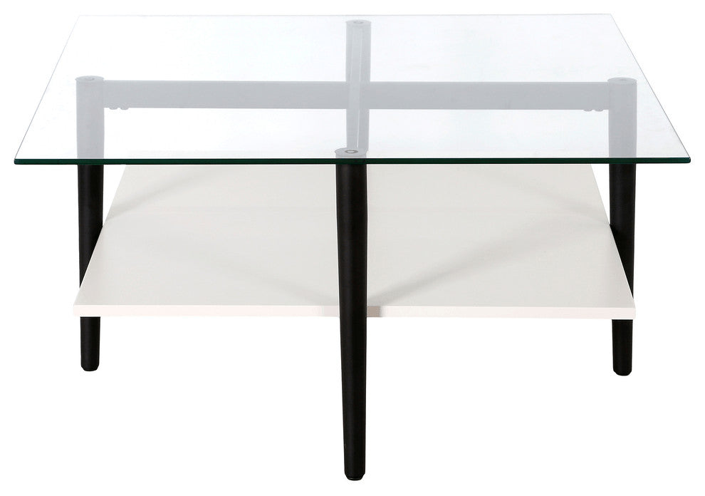 32" White And Black Glass And Steel Square Coffee Table With Shelf