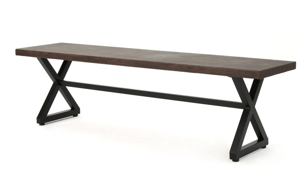 GDF Studio Rosarito Outdoor Dining Bench With Black Steel Frame, Set of 2, Brown