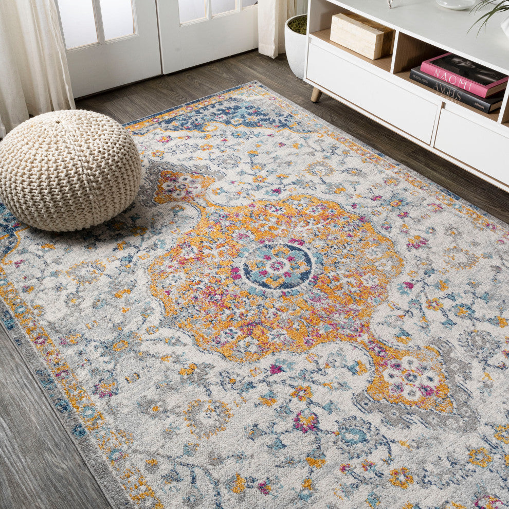 Lorena Ornate Boho Medallion Light Gray/Dark Blue/Orange 4'x6' Area Rug
