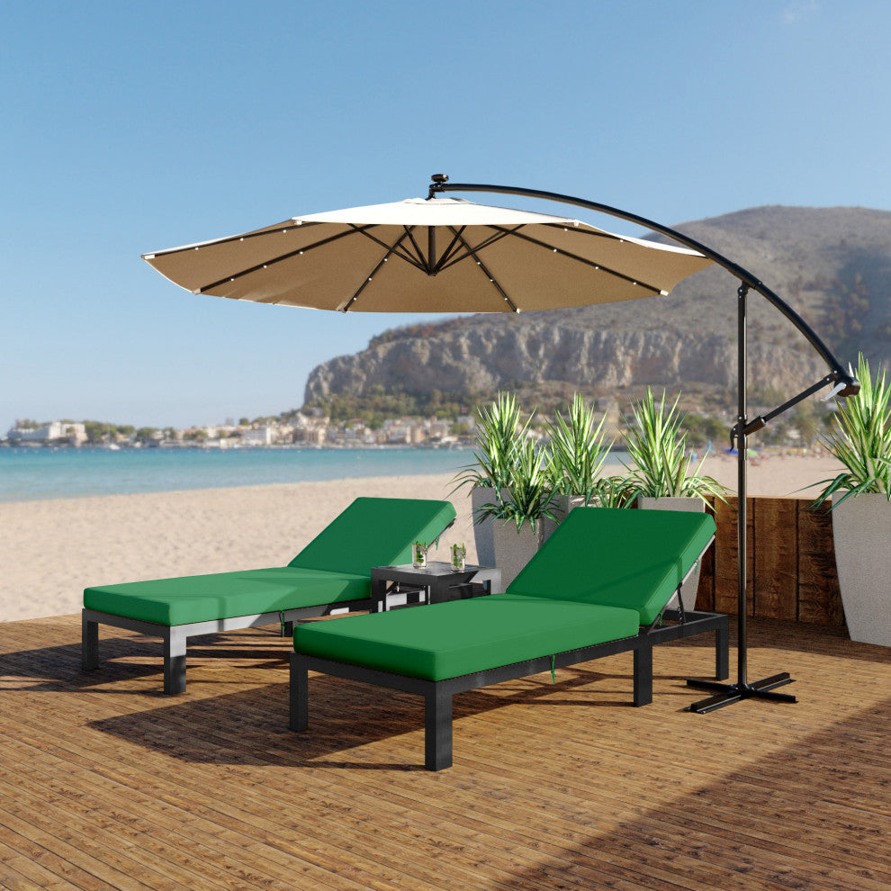 LeisureMod 3-Piece Chelsea Chaise Lounge Chair Set With Side Table, Green
