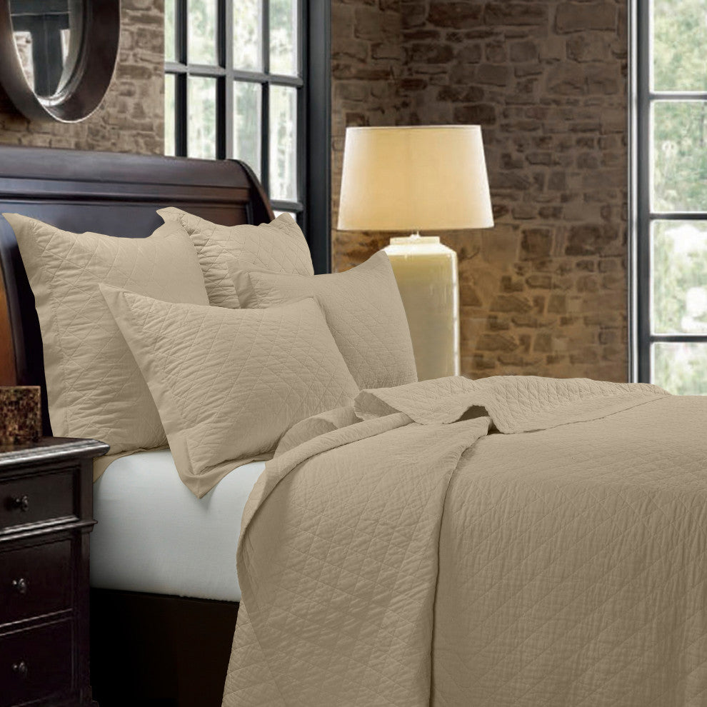 Linen Cotton Diamond Quilt Set, Full/Queen, Light Tan, 3 Piece