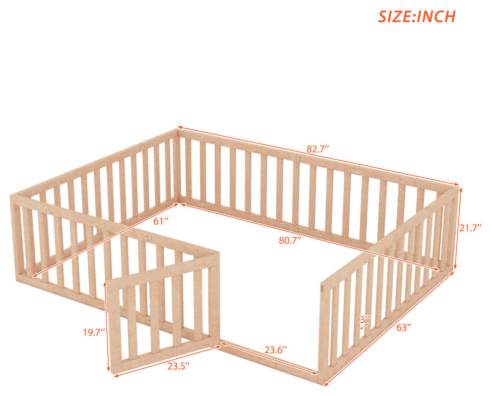 TATEUS Stylish and Versatile Floor Bed for Kids"™Bedroom Fences, Natural, Queen