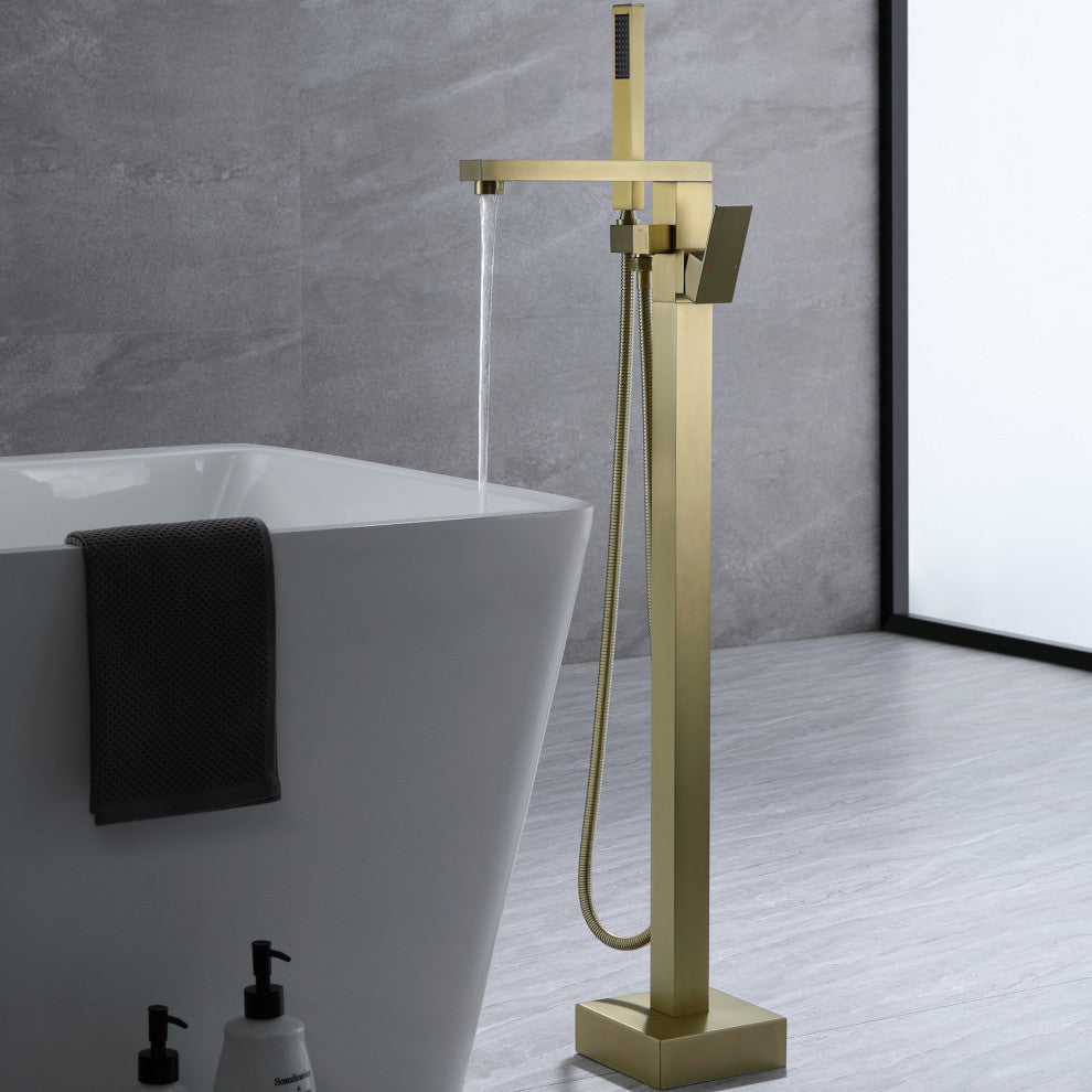 Freestanding Bathtub Faucet, Floor Mounted Tub Faucets With Hand Shower, Brushed Gold