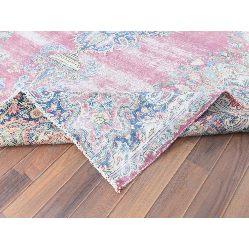 Vintage Persian Kerman, Worn Wool, Hand Knotted, Pink, Oriental Rug, 6'7" x 8'7"