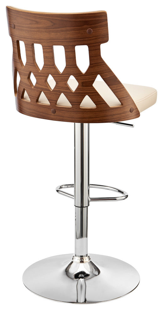 Adjustable Cream Faux Leather and Walnut Lattice Bar Stool