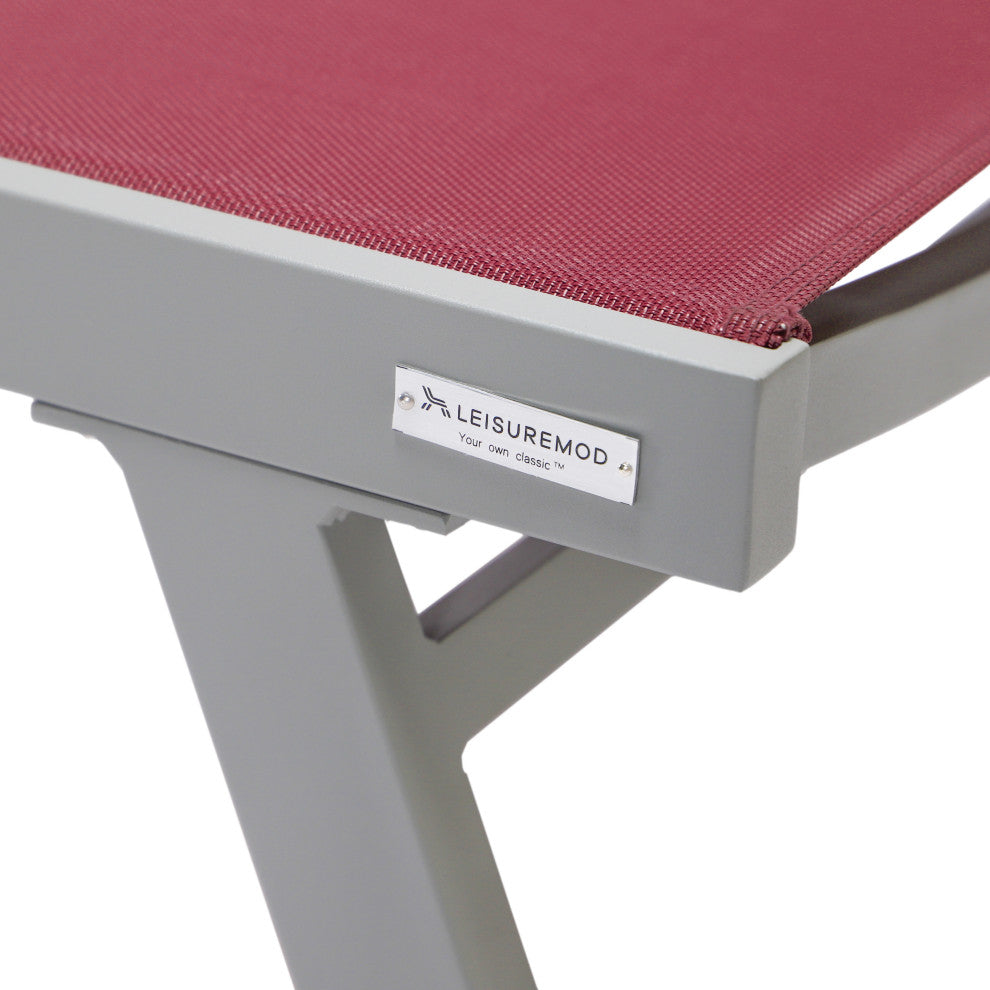 LeisureMod Marlin Patio Chaise Lounge Chair With Arms Gray Frame, Burgundy