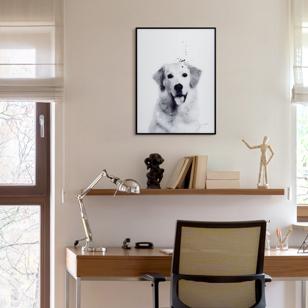 "Golden Retriever" Black and White Pet Art on Printed Glass with Anodized Frame