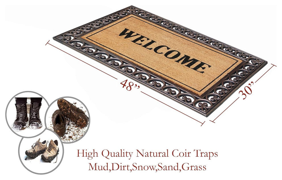 A1HC Welcome Rubber And Coir Paisley Border Double Doormat, 30"X48"