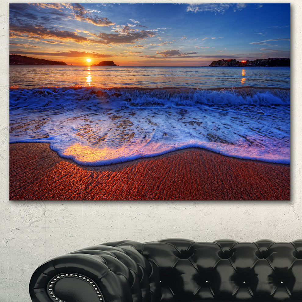 Blue Waves on Sandy Beach, Seashore Canvas Art Print, 60"x28"