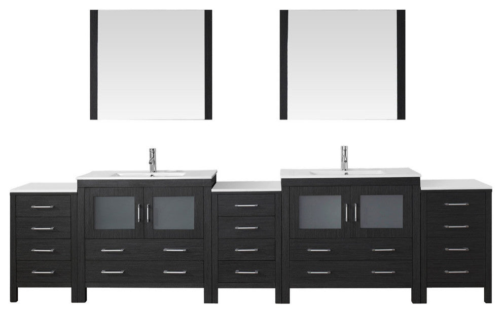 Virtu Dior 126" Double Bathroom Vanity, Zebra Gray, Faucet and Mirrors