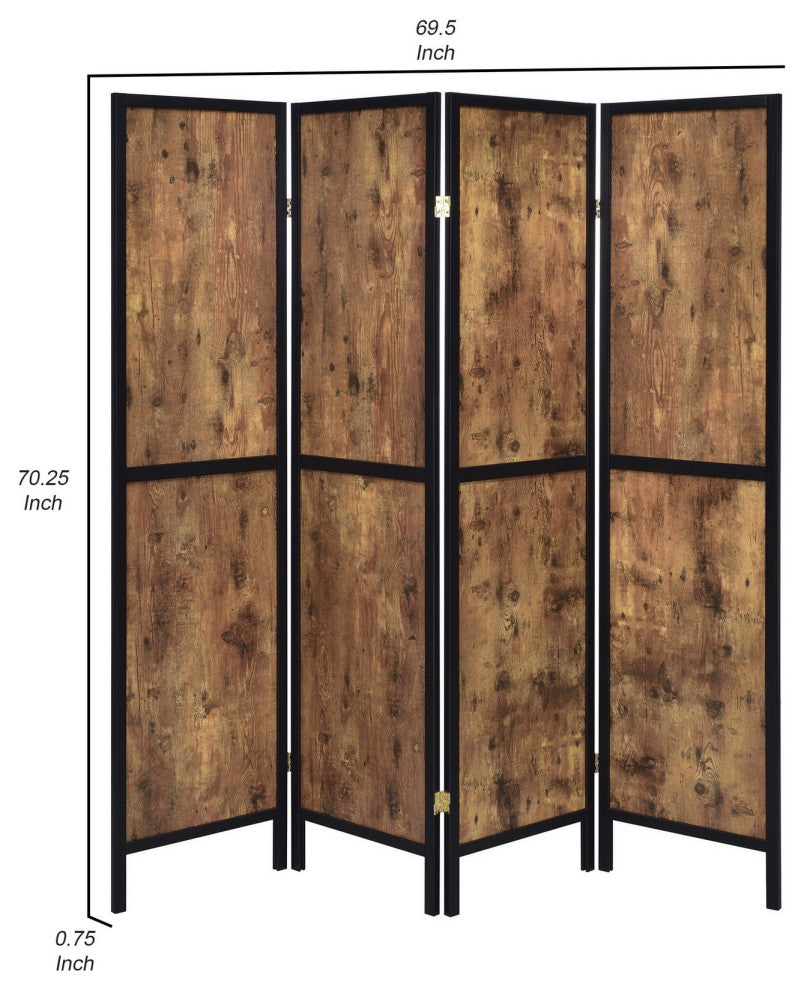 Benzara BM242727 4 Panel Screen With Grain Details and Knots, Brown and Black
