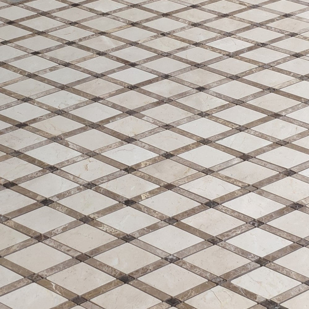 Crema Marfil Marble Diamond Lattice Tile Emperador Brown Polished, 1 sheet