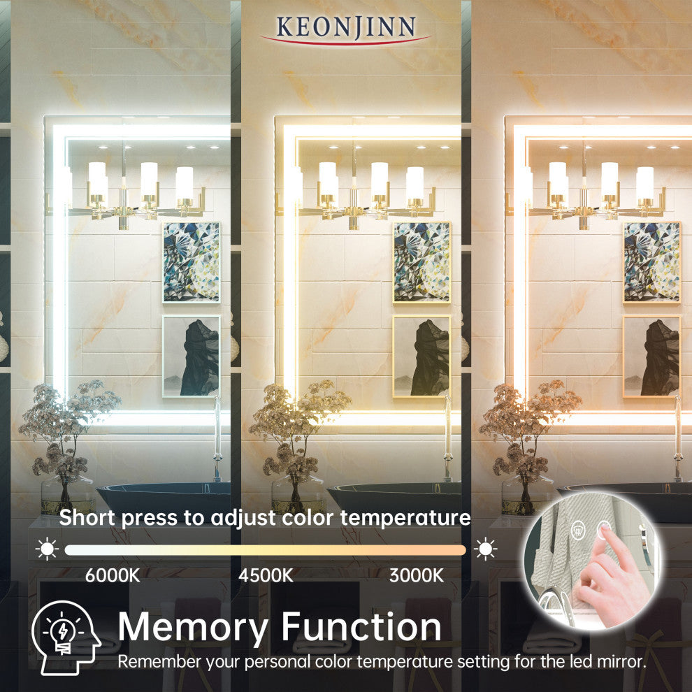 3-Colors LED Bathroom Mirror, Anti-Fog Memory Dimmable, Sliver, 36"x36"