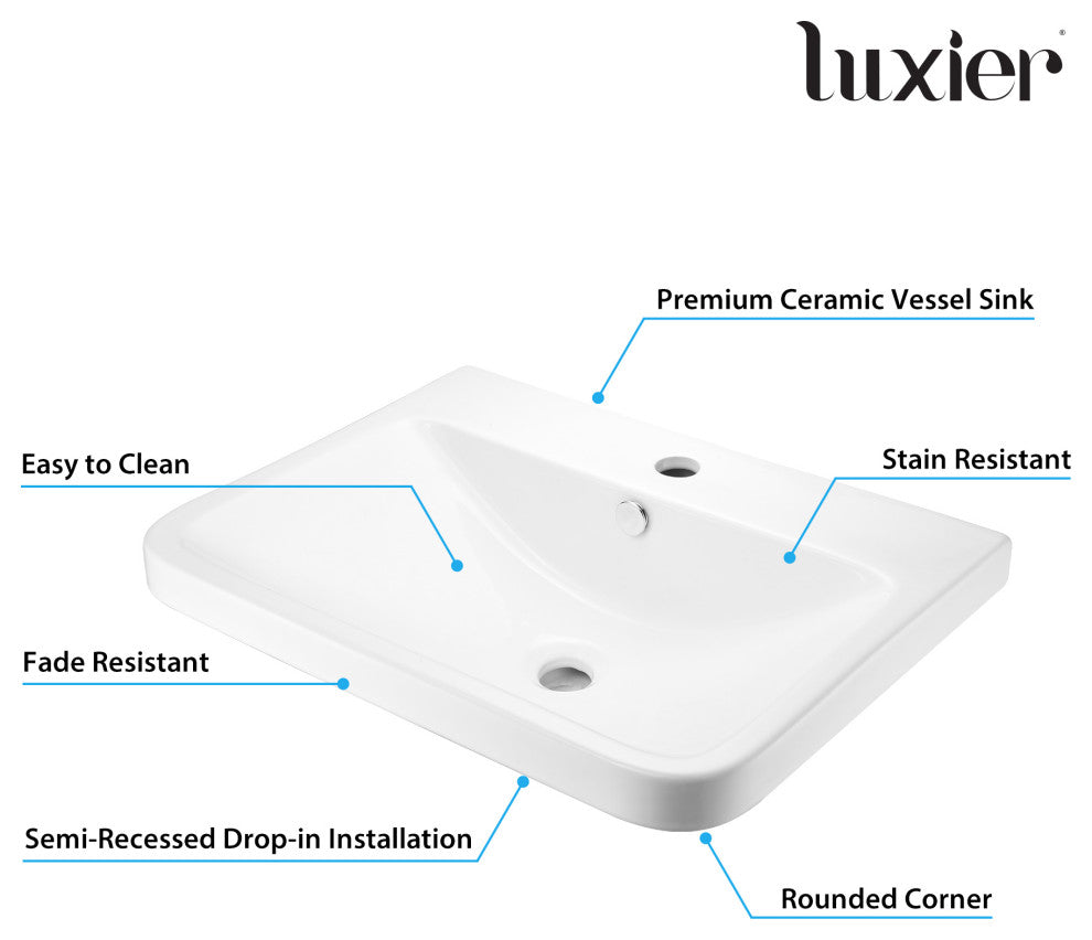 Luxier CS-028 Rectangular 24" Drop-In Ceramic Bathroom Sink, White