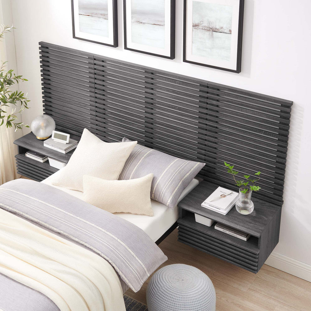 Render Wall Mount Twin Headboard and Modern Nightstands, Charcoal
