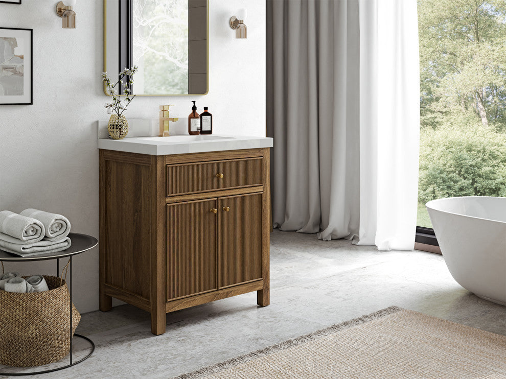 Sonoma Teak 30 Single Sink Bath Vanity in Dark Natural with 2" Calacatta Laza