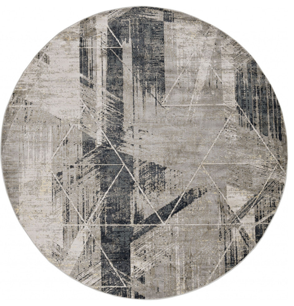 8' Grey Machine Woven Abstract Geometric Round Indoor Area Rug