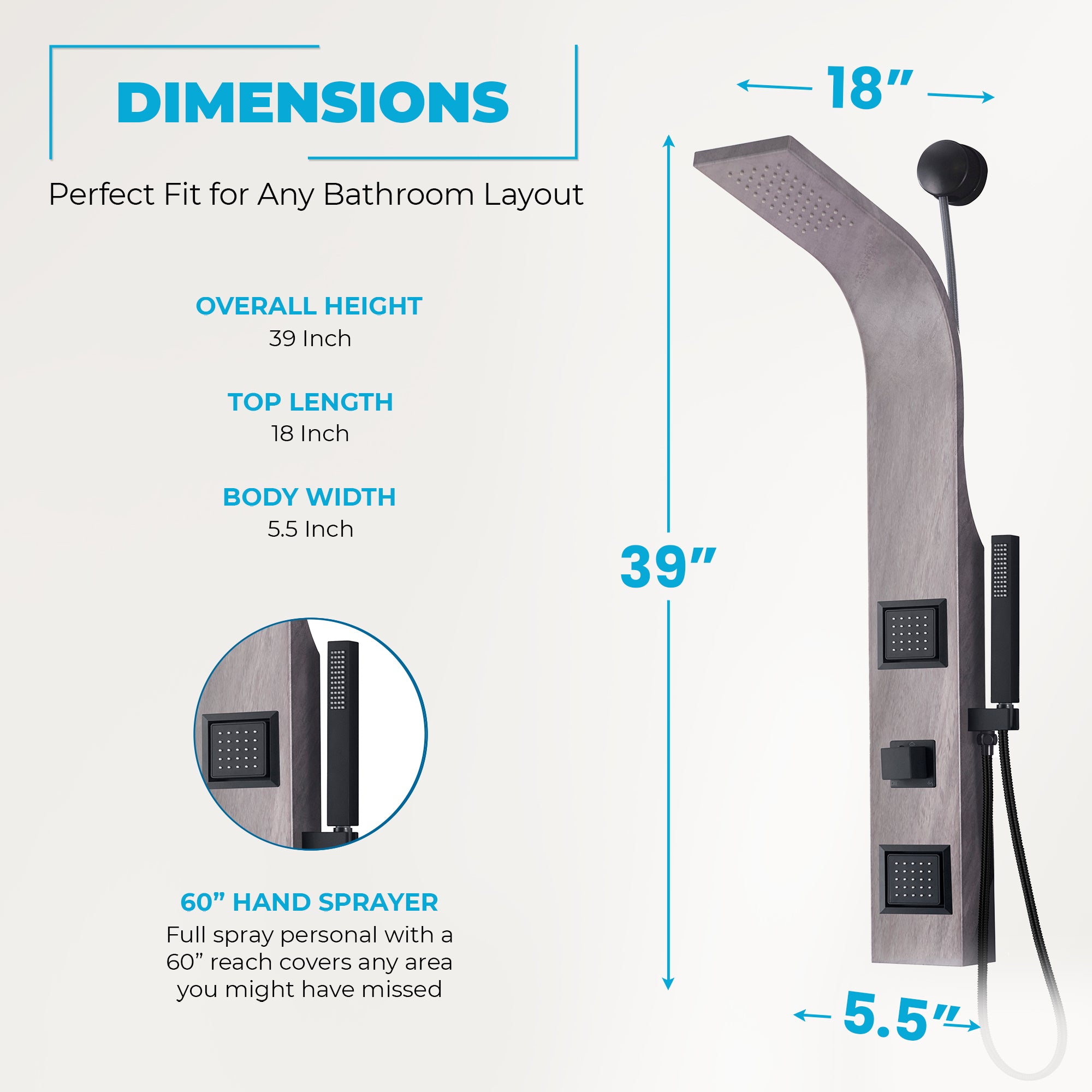Aura 2-Jetted Shower Panel With Heavy Rain Shower and Spray Wand, Gray Marble