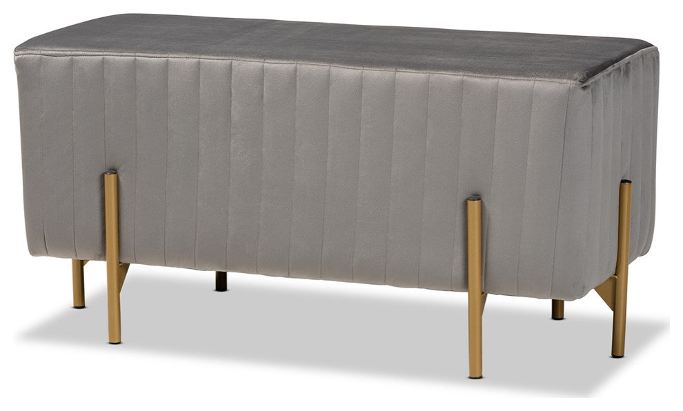 Contemporary Glam and Luxe Gray Fabric Upholstered Gold Metal Bench Ottoman