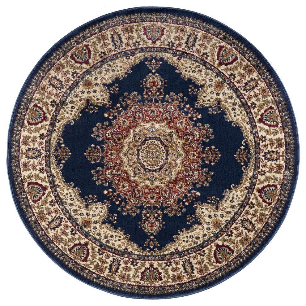 Fiona Traditional Oriental Navy Round Area Rug, 5' Round