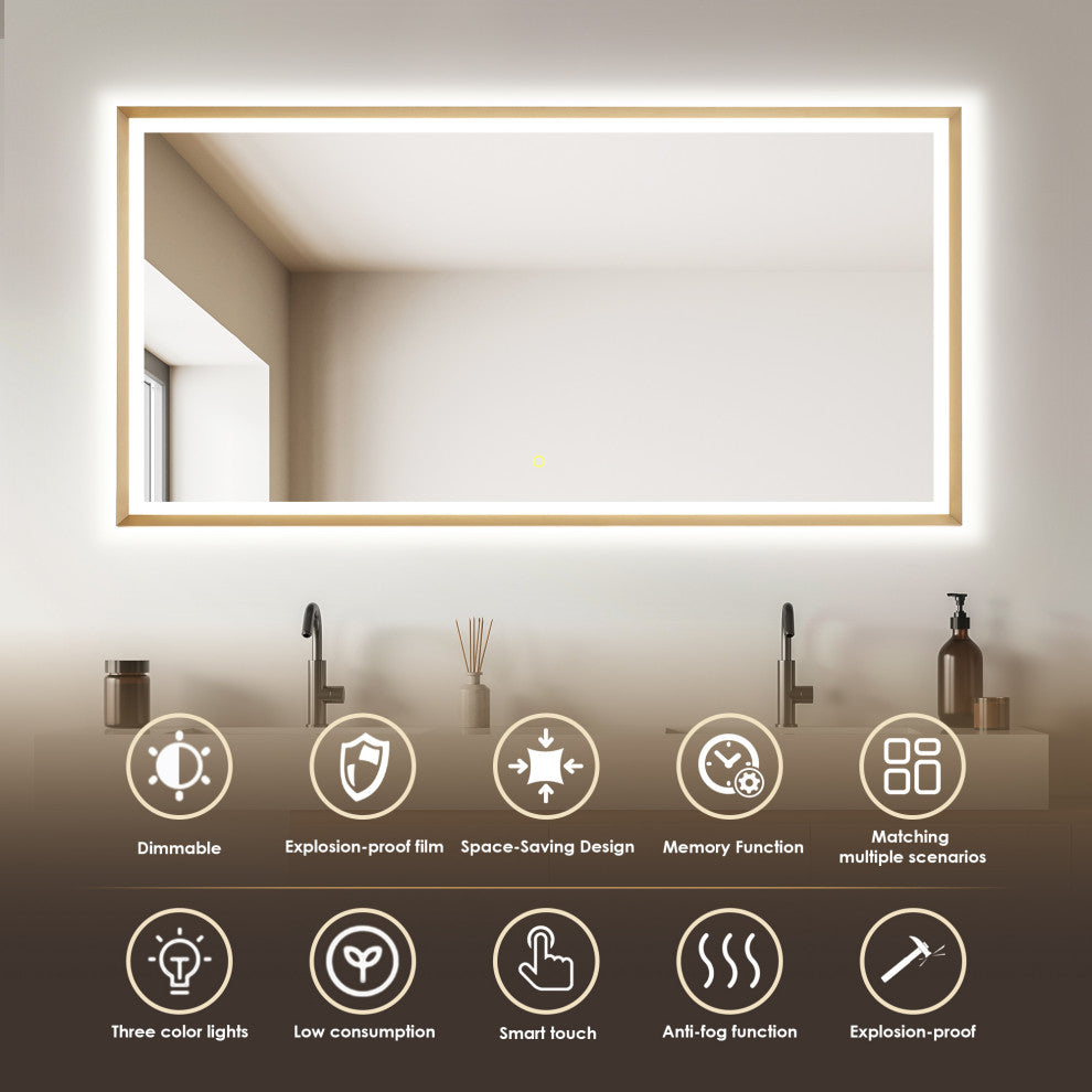 Apollo Anti-Fog Dimmable Vanity, LED Lighted Wall Mirror, Brushed Gold, 60"