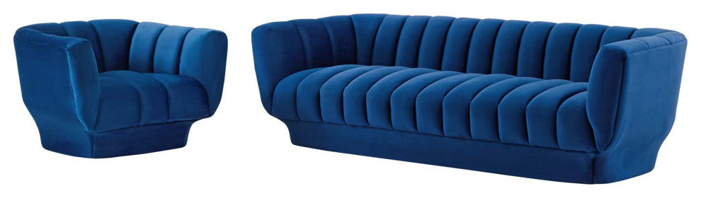 Tufted Armchair and Sofa Set, Velvet, Blue Navy, Modern, Lounge Hospitality