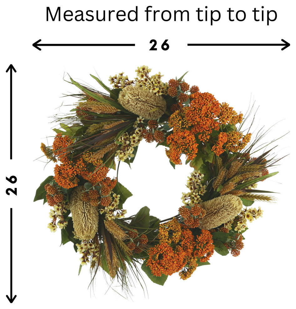 26" Fall Wreath with Hydrangeas, Lilacs and Wheat