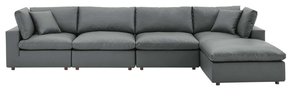 Commix Down Filled Overstuffed Vegan Leather 5-Piece Sectional Sofa - Gray