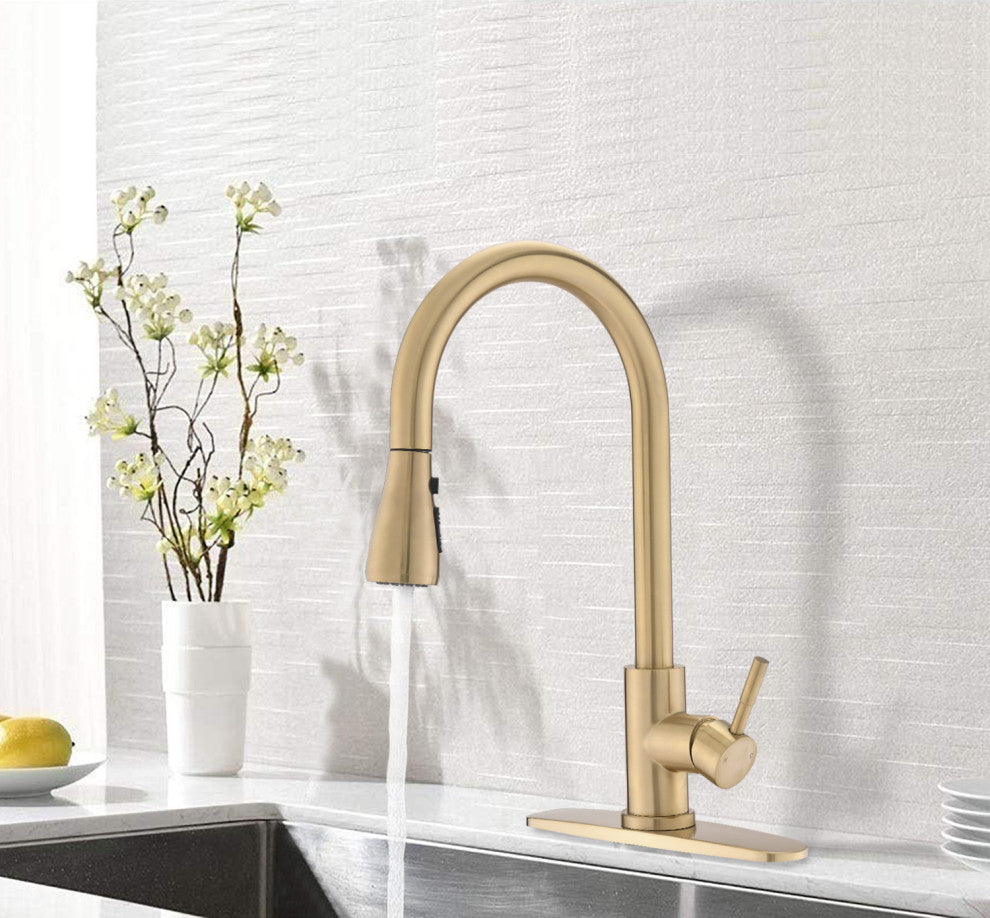 Pull Down Single Handle Kitchen Faucet, Brushed Gold