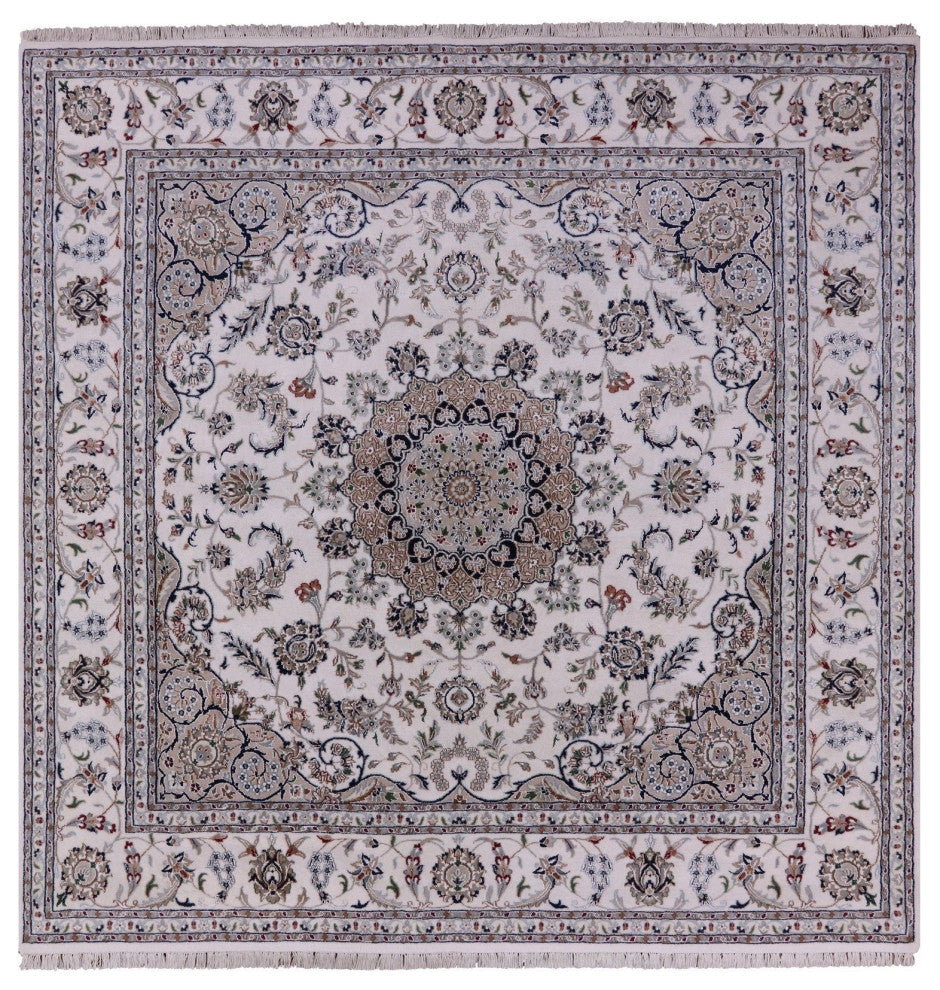 8' Square Wool and Silk Persian Nain Handmade Rug Q9303