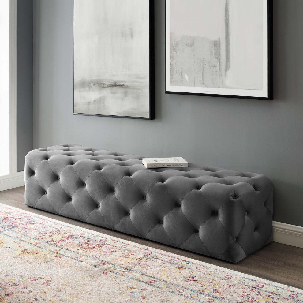 Tufted Accent Chair Bench, Velvet, Gray, Modern, Living Lounge Hospitality
