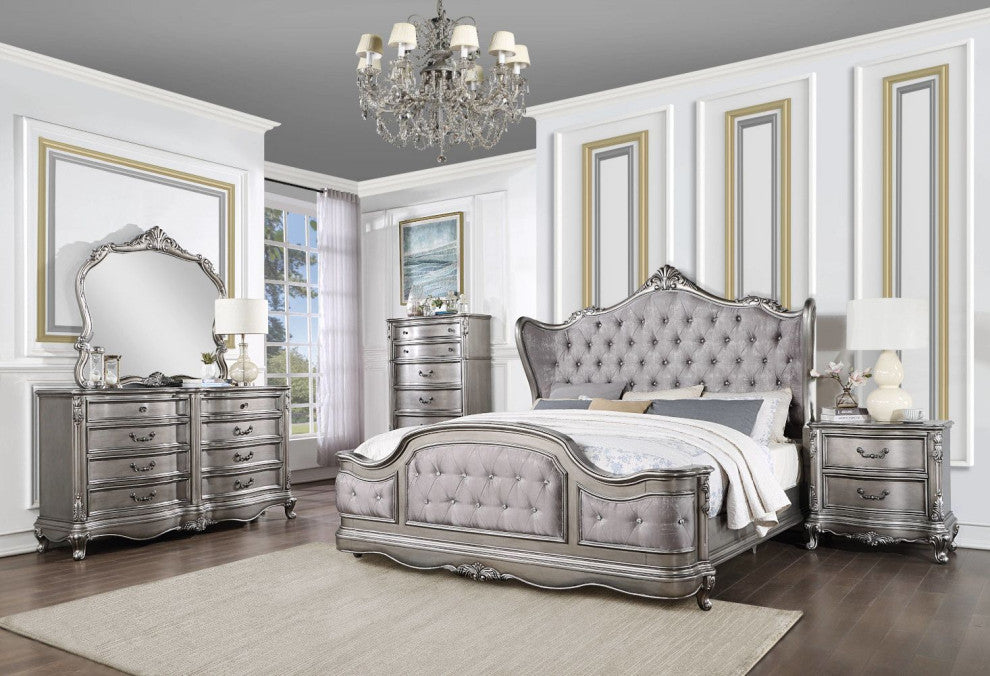 Acme Ausonia California King Bed, Velvet & Antique Platinum Finish
