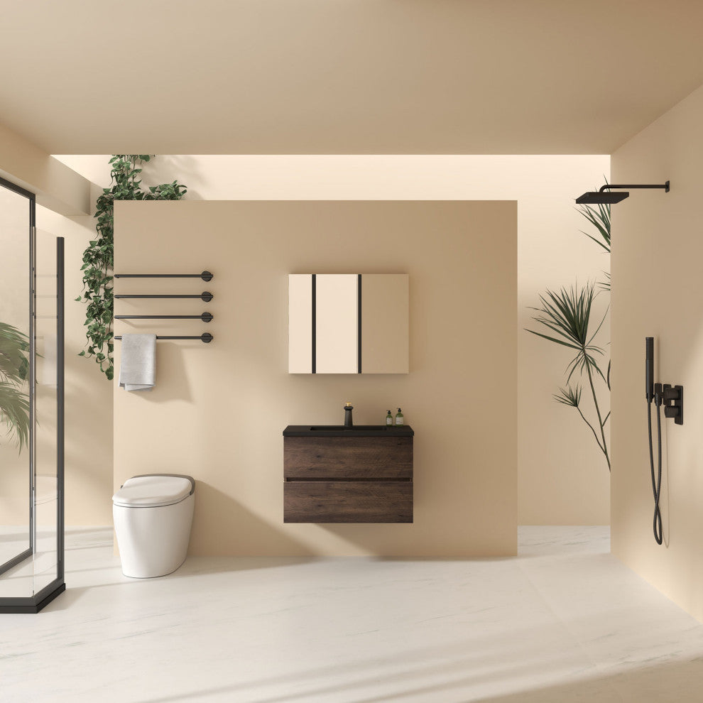 ConceptBaths Edith Wall Mount Bathroom Vanity With Black Top, Rose Wood, 30"