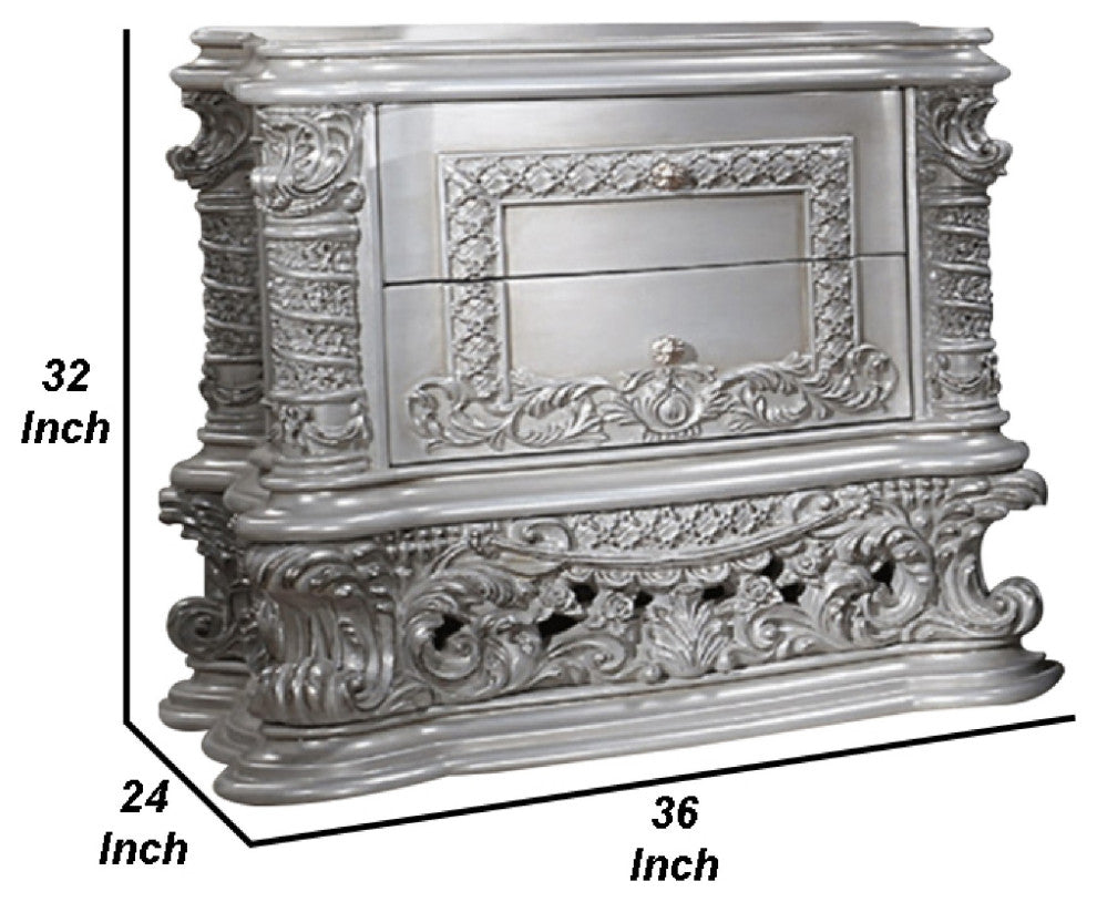 Benzara BM275516 Wood Nightstand, 2 Drawers, Ornate Carving, Gray/Light Gold
