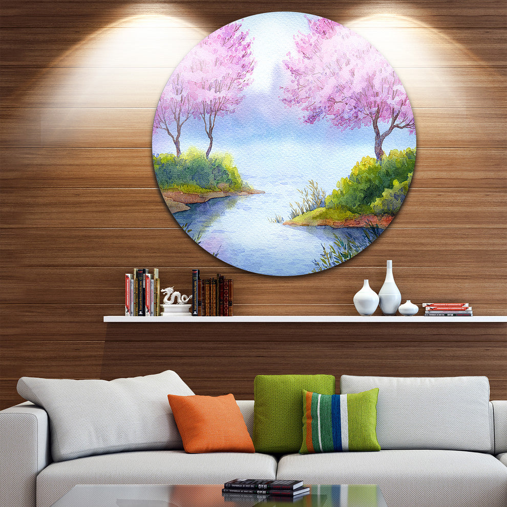 Flowering Trees Over Lake, Landscape Round Wall Art, 11"