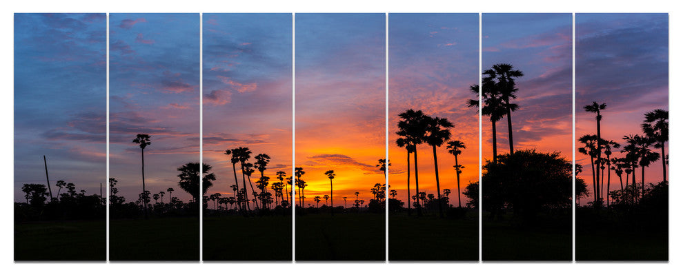 Sugar Palm Tree Silhouette, Landscape Canvas Art Print, 83"x32", 7 Panels