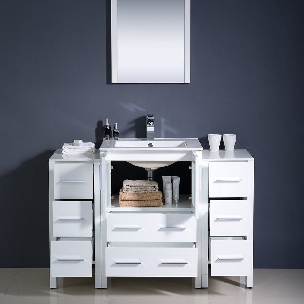 Torino 48" White Modern Bathroom Vanity With 2 Side Cabinets, FFT9161BN