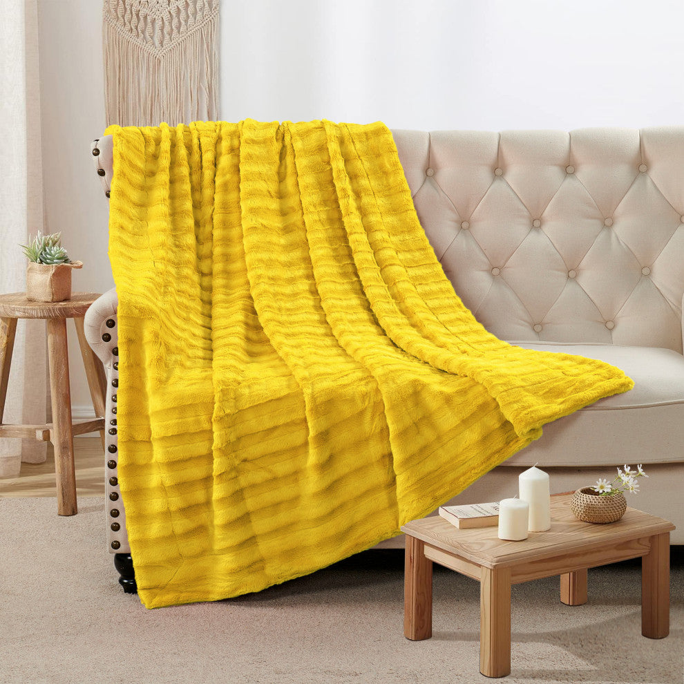 Derby Double Sided Faux Fur Throw Blanket, Lemon