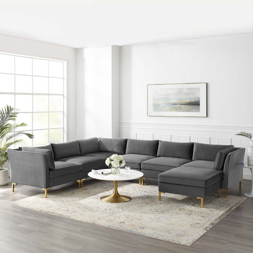 Sectional Sofa Set, Velvet, Gray, Modern, Living Lounge Hotel Hospitality