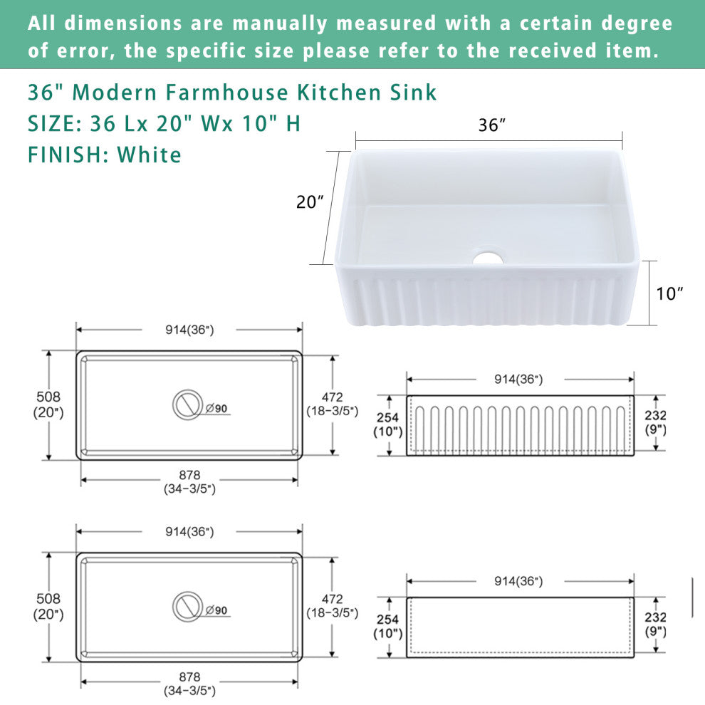 36" L X 20" W Farmhouse Kitchen Sink With Grid and Strainer