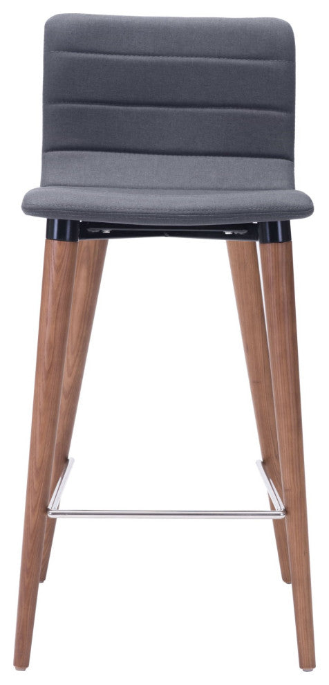 Counter Stool Chair, Set of 2, Fabric, Wood, Gray, Brown, Mid Century Cafe