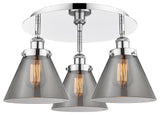 Cone-3 Light 20" Flush Mount-Polished Chrome, Plated Smoke Glass Shade