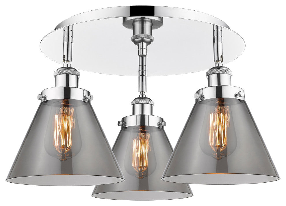 Cone-3 Light 20" Flush Mount-Polished Chrome, Plated Smoke Glass Shade
